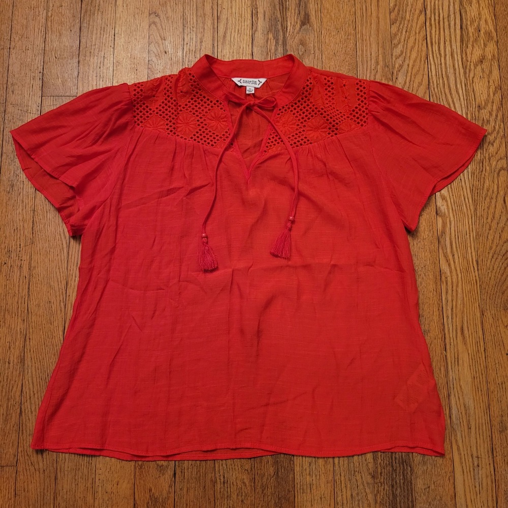 Nanette Lepore M Blouse Red Eyelet Lace Tassel Boho Short Sleeve Top Romancecore
